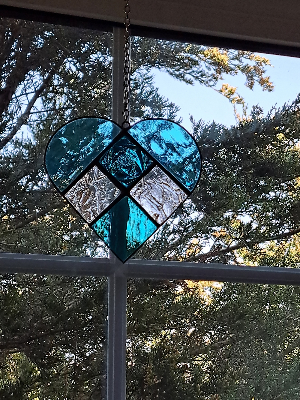 Handcrafted Teal and Clear Heart Stained Glass Suncatcher